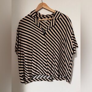 Striped Short-Sleeve Button Front Top - Cream & Black